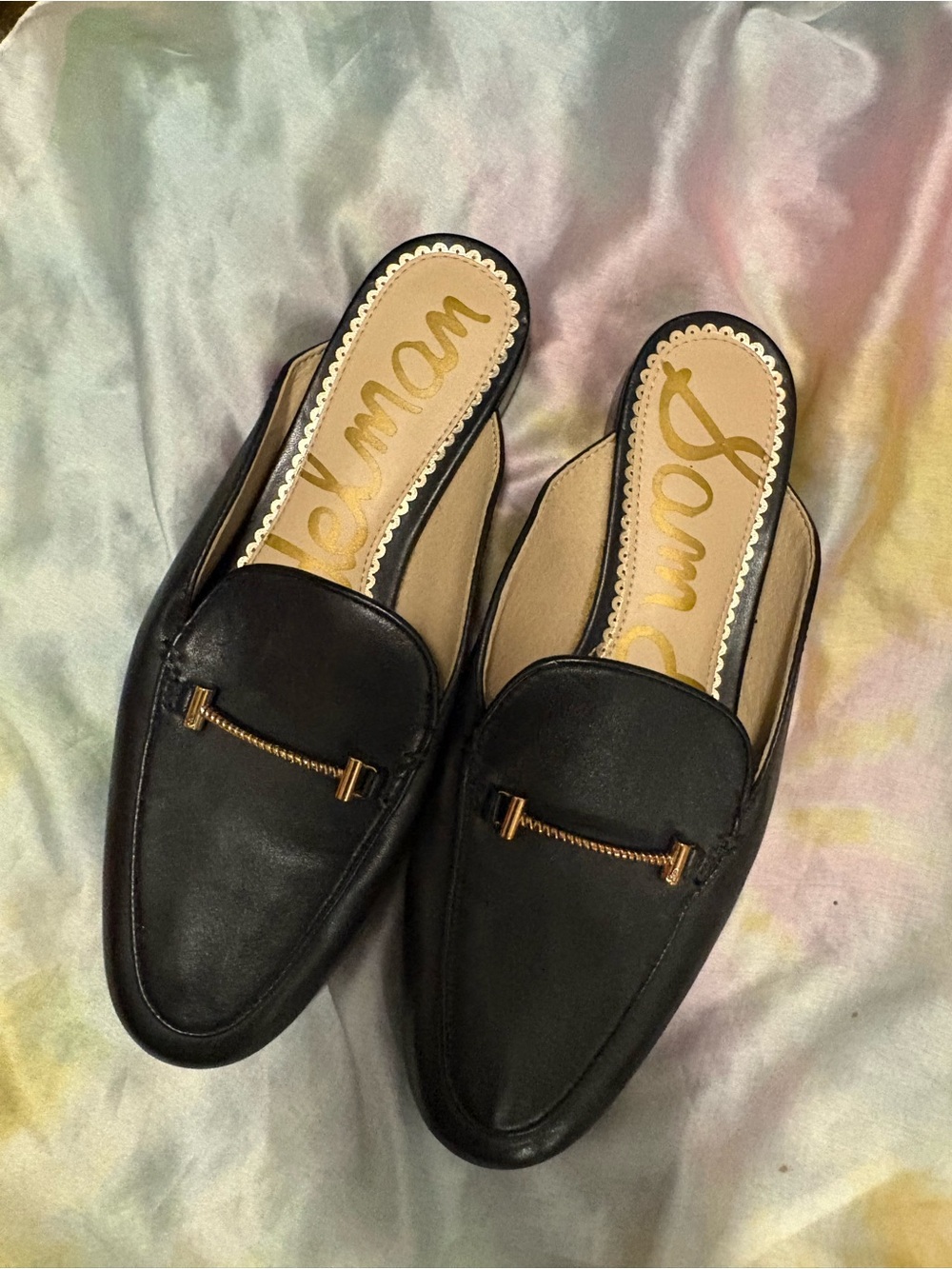 Sam Edelman Black Leather Pointed Slip-On Flats with Gold Accent
